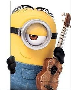 a minion holding a ukulele guitar and looking through it's eyes