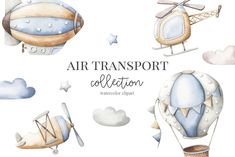 the watercolor illustration shows different types of hot air balloons