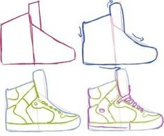 four pairs of shoes with different colors and shapes on them, all in one drawing style