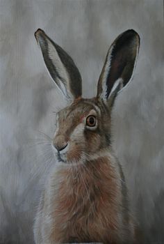 a painting of a brown and white rabbit sitting in front of a gray background with one eye open