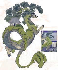 an image of a green dragon in front of a building and tree with its tail curled up