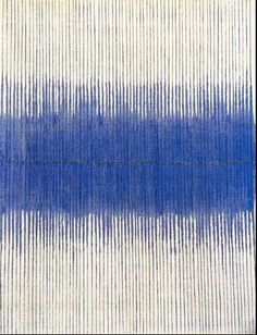 an abstract blue and white background with horizontal lines in the center, overlaided by thin strips of fabric