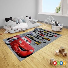 a child's bedroom with cars rugs and toys