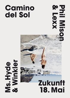 a poster with two people swimming in the water and one person jumping into the water