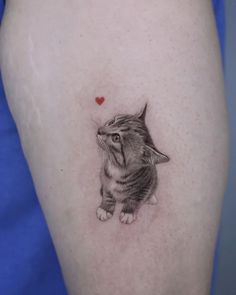 a small kitten with a heart on its back side tattooing it's leg