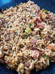 a blue bowl filled with rice and meat