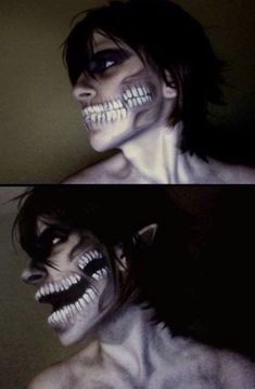 two pictures of the same person with white teeth and fangs on their face, one is wearing