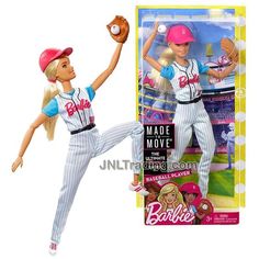 barbie baseball player doll in action with ball and glove