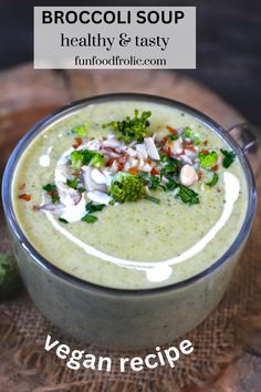 broccoli soup in a bowl with text overlay