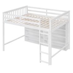 a white bunk bed with drawers underneath it