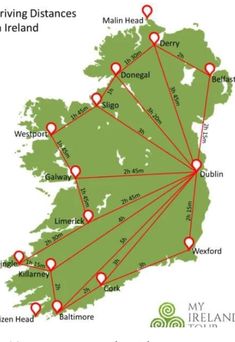 a map showing the locations of driving distances on ireland's west coast, with red pins pointing in all directions