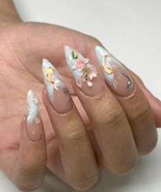 koi fish nails, flower nails, maximalist nails, aeathetic, pretty Flower Nail French Tip, 3d Koi Fish Nails, Coy Fish Nails, Zoifishh Nails, Lotus Flower Nails, Koi Fish Nail Art, Nails Maximalist, Koi Nails, Koi Fish Nails