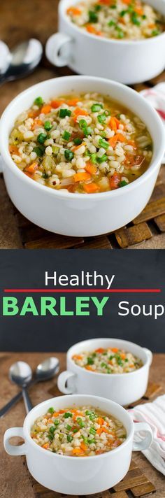 two bowls filled with barley soup on top of a wooden table