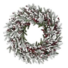 a christmas wreath with white and red berries, pine cones and snowflakes on it