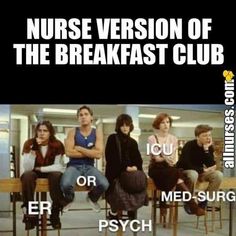 four people sitting in chairs with the words nurse version of the breakfast club on them