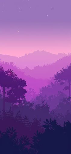 a purple and pink sky with trees in the foreground