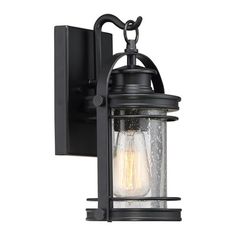 an outdoor wall light with a clear glass bulb on it's side and black metal frame