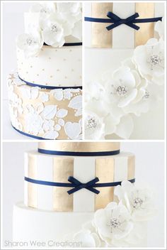 three different pictures of a wedding cake with white flowers on top and blue ribbon around the edges