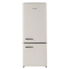 a white refrigerator freezer sitting on top of a white floor next to a wall