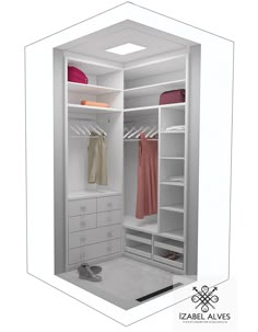 an open white closet with clothes and shoes