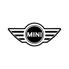 the mini logo is shown in black and white, with wings on it's side