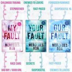 three posters with different words on them, including the title for my fault and your fault