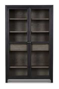 an open bookcase with two doors and three shelves on each side, in dark wood