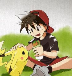 a person sitting in the grass with a pokemon pikachu