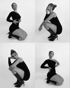 four photos of a woman in black dress and high heels