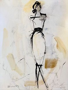 a drawing of a woman in a dress with her hands on her hips, standing against a white background