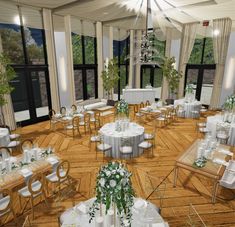 an artist's rendering of a banquet hall with tables and chairs set up for formal function