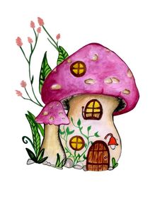 a watercolor painting of a mushroom house