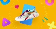 a pair of sneakers on top of a yellow background with hearts and shapes around them