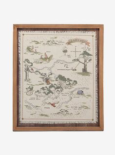 a framed map with animals and trees on it