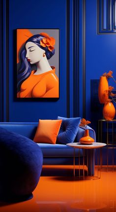 a living room with blue walls and orange accents