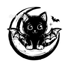 a black cat sitting on top of a crescent with bats in it's mouth