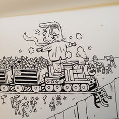 a black and white drawing of a boy on a train with many people in the background