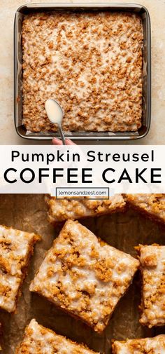 pumpkin streusel coffee cake is cut into squares and placed on top of each other