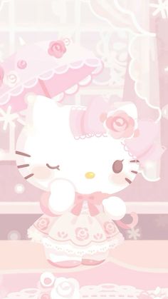 a hello kitty wallpaper with pink flowers and an image of a cat in a dress