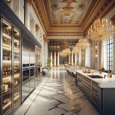 an elegant kitchen with chandeliers and marble counter tops