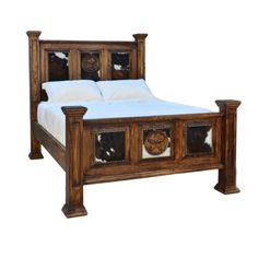 a wooden bed frame with white sheets and brown wood headboard on an isolated white background