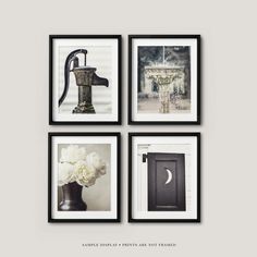 four framed photographs hanging on the wall above a vase with flowers and a faucet