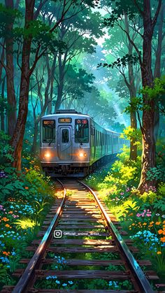 a train traveling through a lush green forest filled with lots of trees and flowers on the tracks