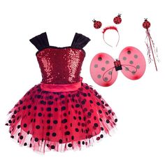 PRICES MAY VARY. Stunning ladybug fancy princess dress up costume. Complete the ladybug look with the lovely accessories including ladybug wings, beetle wand and ladybird hair hoop headband. Eye catching shiny red sequin semi sweetheart bodice with wide shoulder straps featuring an elegant V back design. Made of polyester and cotton. Pullover style with stretchable back, no zip. 4 layers to create a fluffy knee-length tutu skirt. Red and black polka dots on the first layer, embellished with a to Ladybug Inspired Dress, Ladybug Costume Diy, Ladybird Hair, Ladybug Costume Kids, Ladybird Halloween Costume, Cultural Outfits, Ladybug Wings, Ladybug Tutu, Costume Tutu