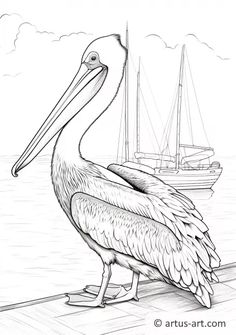 a drawing of a pelican on the dock