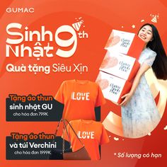 an advertisement for sungmac's 9th anniversary celebration, featuring two women in orange shirts