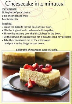 the recipe for cheesecake in 4 minutes is shown on a plate with strawberries