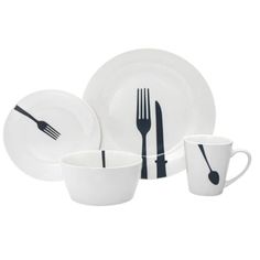 black and white dinnerware set with utensils