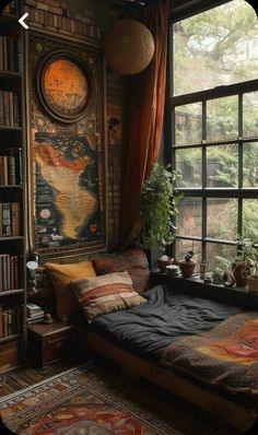 a bedroom with a bed, bookshelf and window