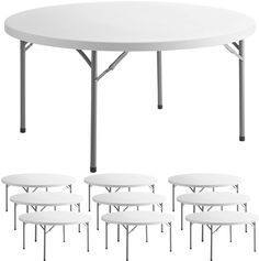 a white table with six benches and four tables on each side, all in different positions